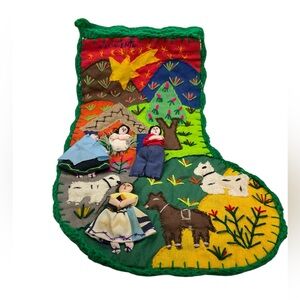 VINTAGE HANDMADE PERU WORRY DOLLS PATCHWORK CHRISTMAS STOCKING 3D NATIVITY SCENE